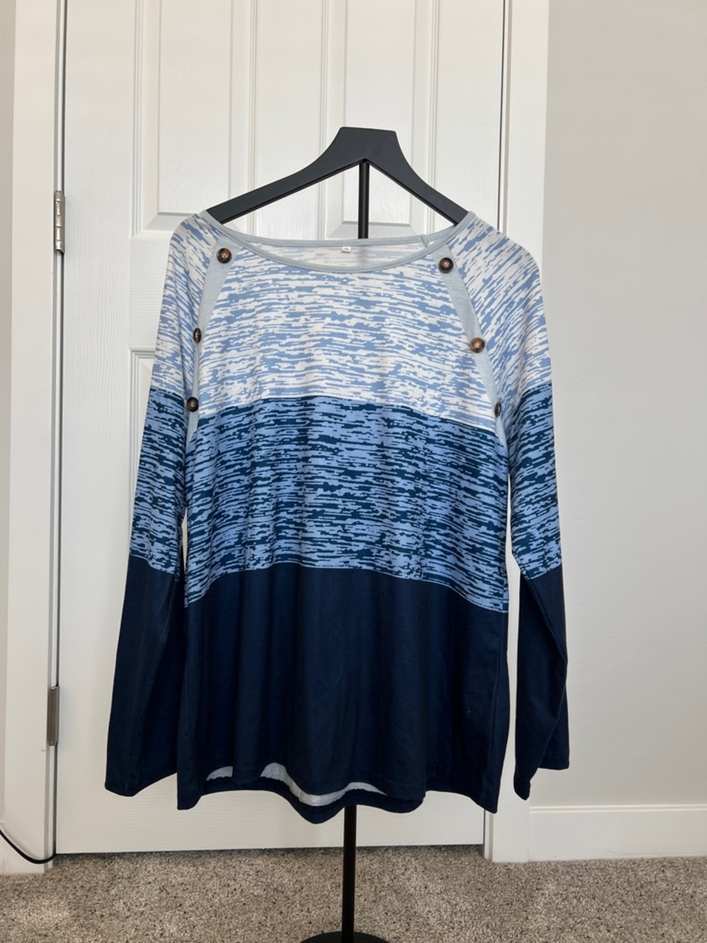 Women’s Blue Striped Button-Accent Long Sleeve Top